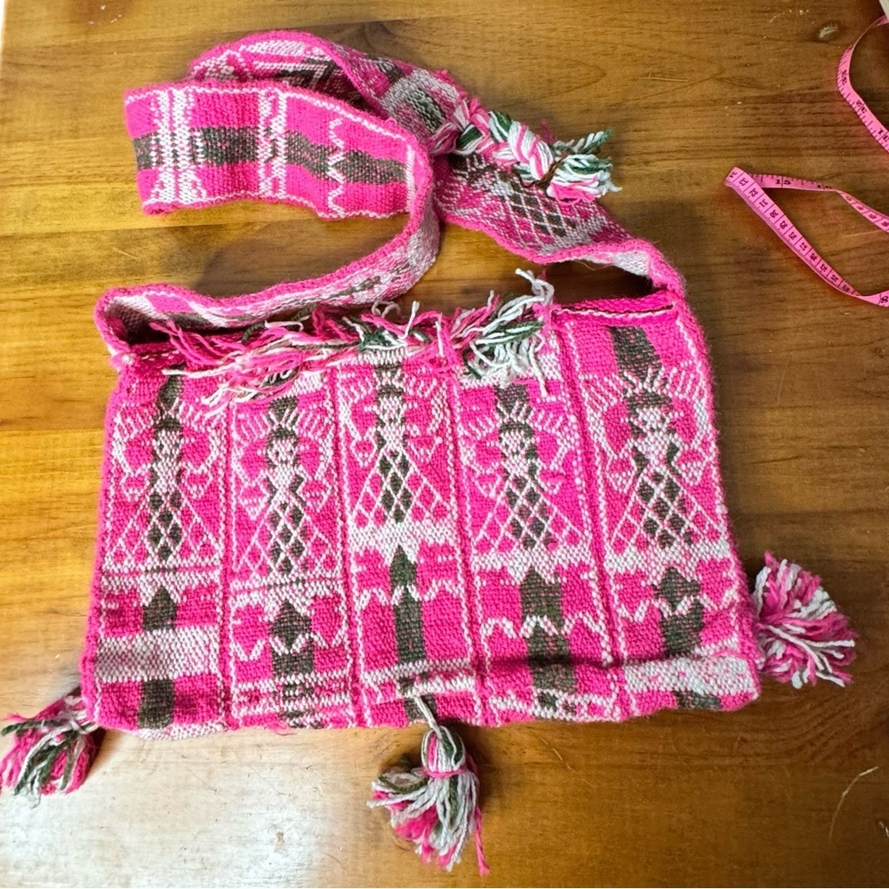 Vintage Hippie Bohemian Crossbody Bag Pink White Brown Festival Zip Top Tassels